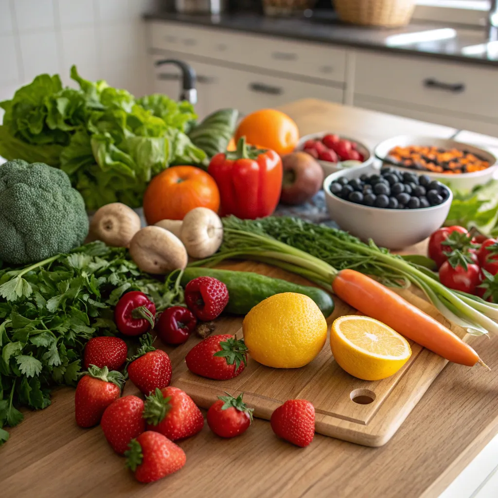 Fresh organic ingredients on a kitchen table