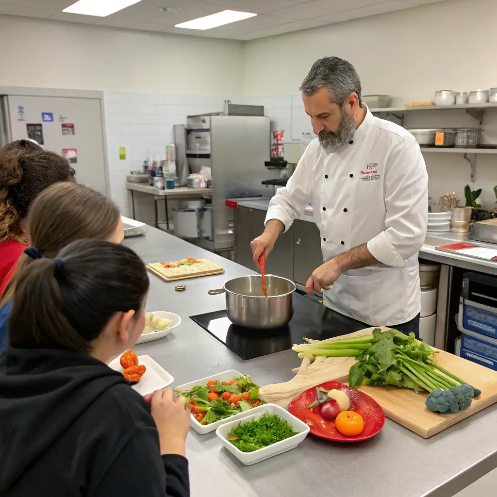 Instructor demonstrating cooking techniques in class